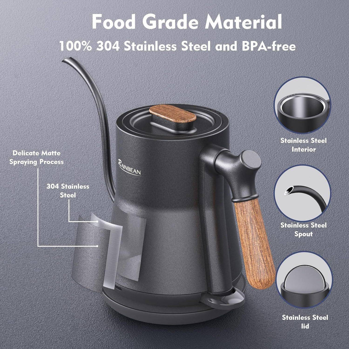 Leak-Proof Gooseneck Electric Kettle for Coffee Brewing, Stainless Steel-3